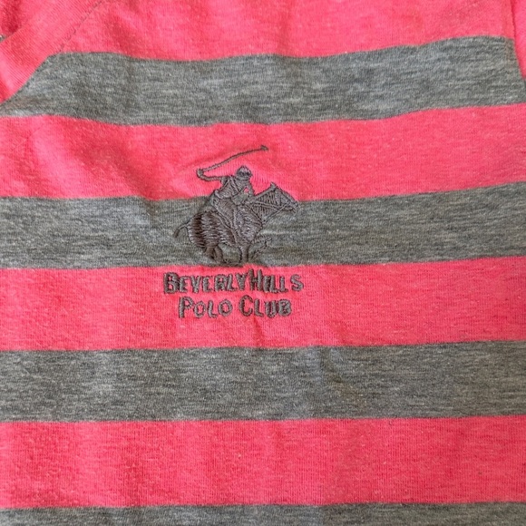 Beverly Hills Polo Club Pink Gray Striped V-Neck Tee Women’s Size L Large Casual - Picture 3 of 12